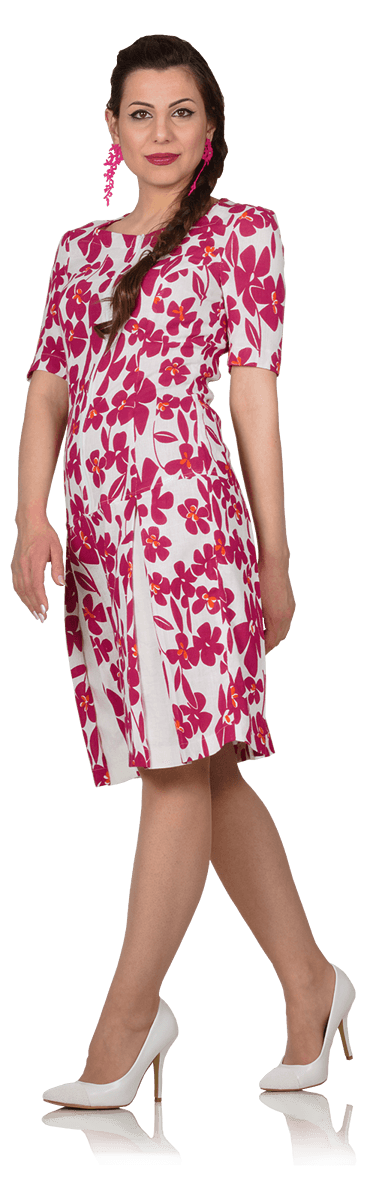 Ленена рокля с флорален десен в бяло и розово