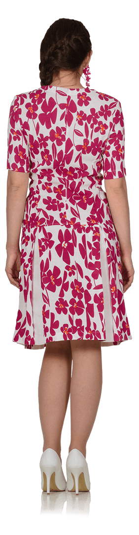 Ленена рокля с флорален десен в бяло и розово