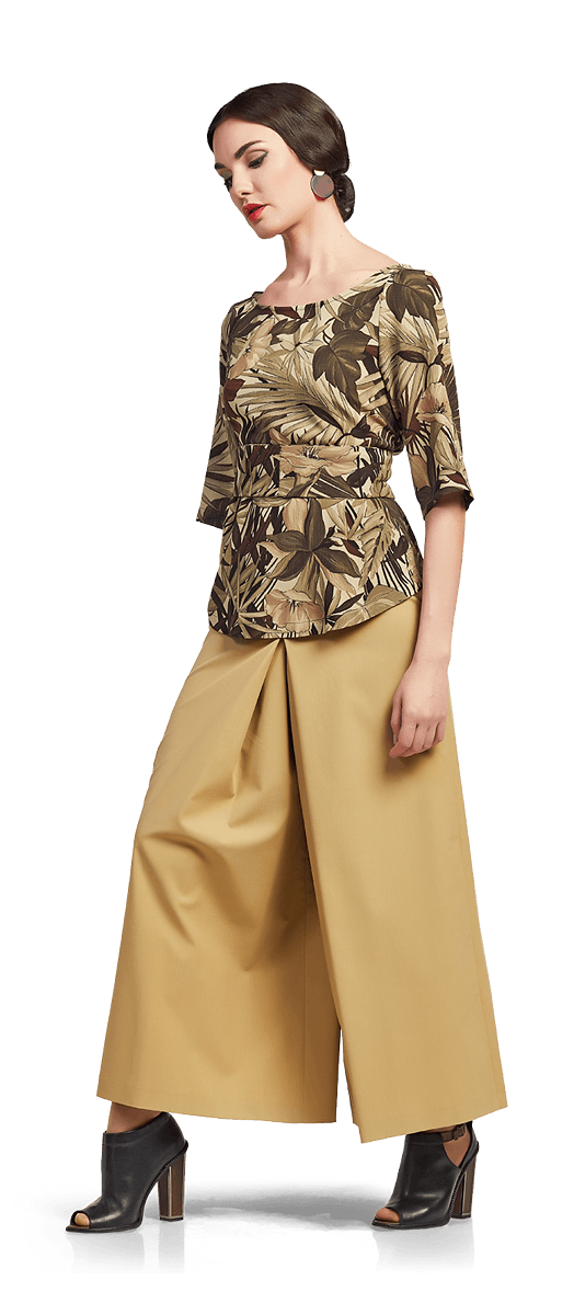 Блуза с флорален десен и пола панталон от тенсел