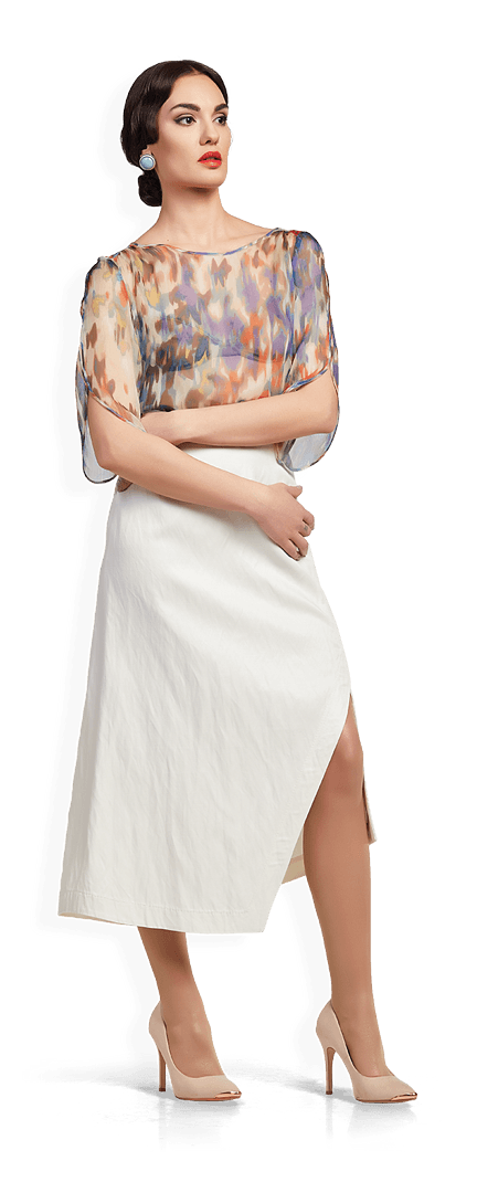 Копринена блуза и бяла памучна пола