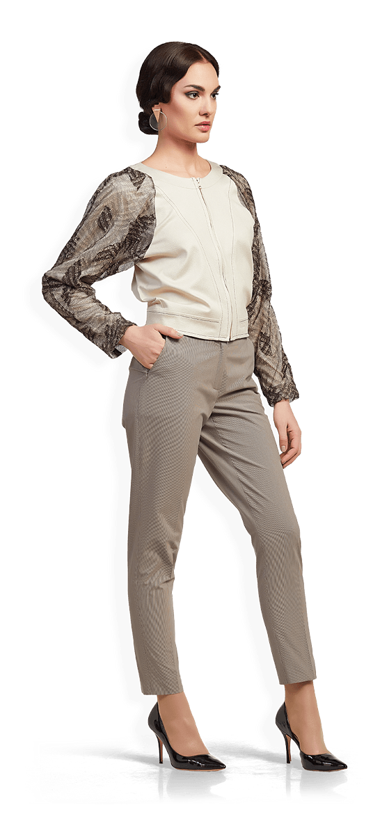 Късо яке с дантела и раиран панталон