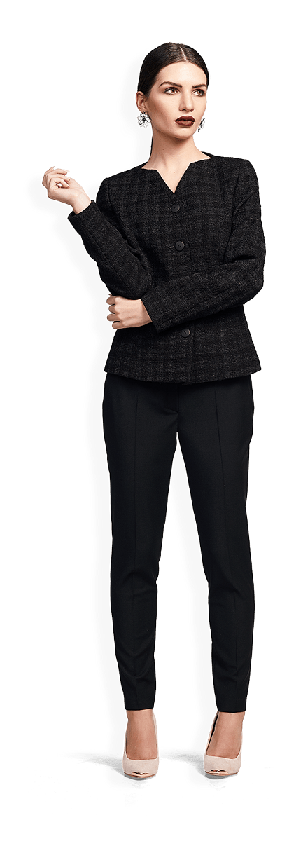 Черно сако с остро деколте и панталон от фина вълна