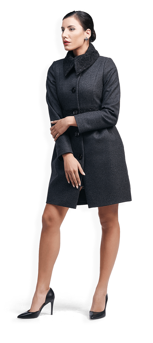 Дамско вълнено палто с дантела в тъмносиво