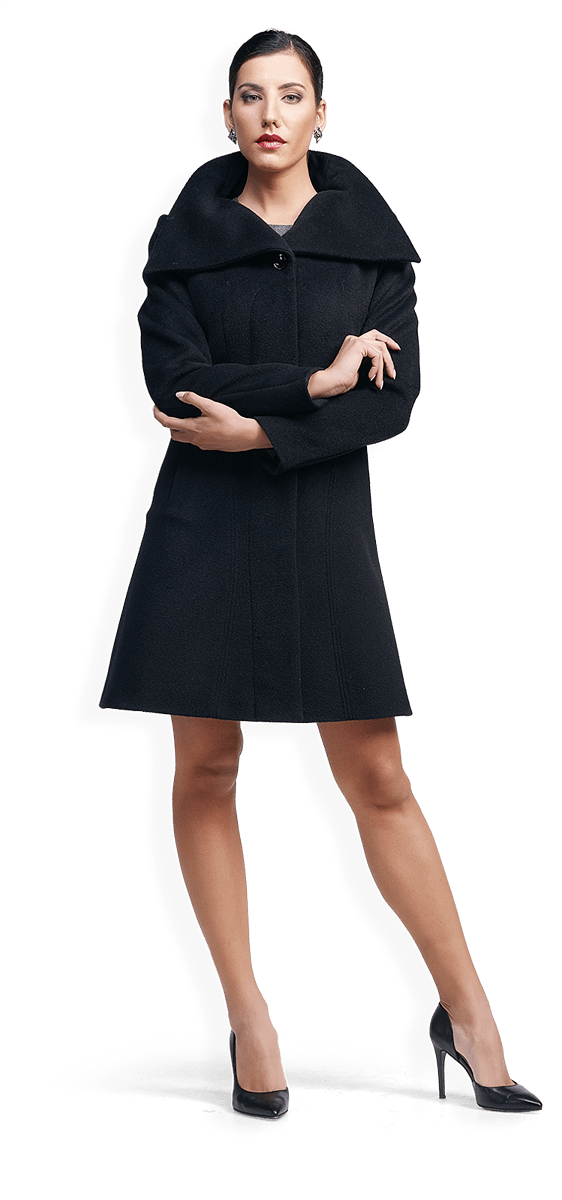 Черно вълнено палто с голяма яка