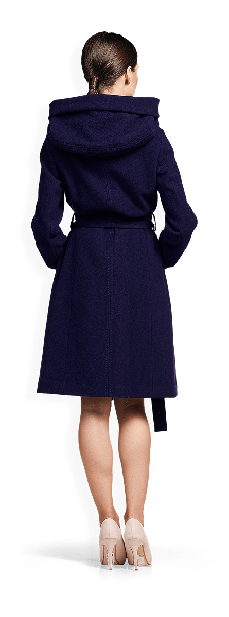 Вълнено палто с голяма качулка в тъмнолилаво